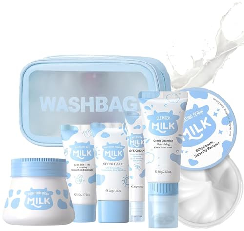 7 PCS Milk Skin Care Sets & Kits,Mothers Day Pamper Set, Milk Skincare Set Gift for Teenage Girls, Gift Set with Cleanser, Eye Cream, Sunscreen, Brightening Cream, Hand Wax, Scrub, Skincare Gift Set