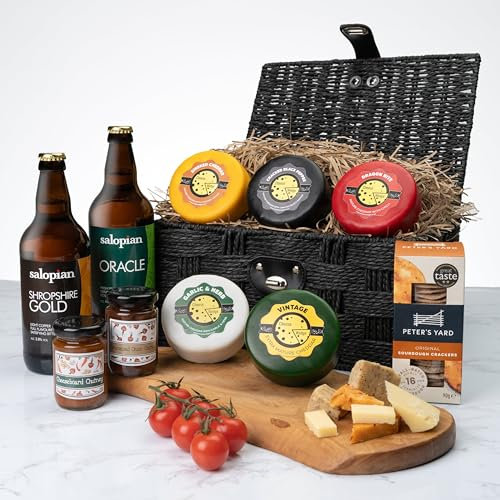 Cheese & Beer Hamper Gift Set | 5 Cheeses, 2 Chutneys, Crackers & 2 Craft Beers | Luxury Food Hamper for Men – Ideal Birthday, Thank You or Father’s Day Gift