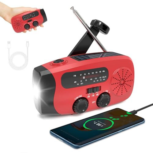 Wind up Hand Crank Weather Radio, Emergency Solar Radio with LED Torch, 2000mAh, SOS Alarm, flashlight, USB Phone Charger, Portable Radio with (AM/FM/WB) for Outdoor Camping Hiking