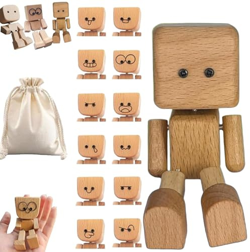 NNBWLMAEE Homme en bois qui se balance, figurine de voiture, décoration de tableau de bord de voiture fabriquée à la main avec expressions faciales, charmante petite figurine en bois oscillante avec