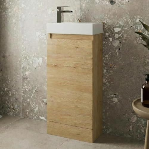 Artis® Centro 400mm Bathroom Vanity Unit Ceramic Basin Sink, Cloakroom Storage Furniture Cabinet, Floorstanding Cupboard Soft Close Door, Oak