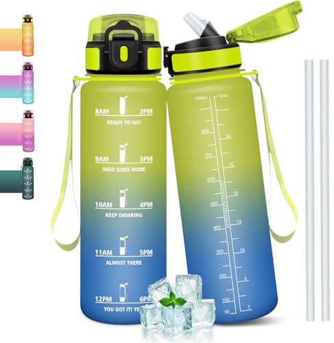 Mulbijeo Borraccia 1 Litro, Libre de BPA & A Prova di Perdita, con Cannuccia, Reutilizables, Borraccia Motivazionale, Palestra per Scuola, Palestra, Ufficio, Sport