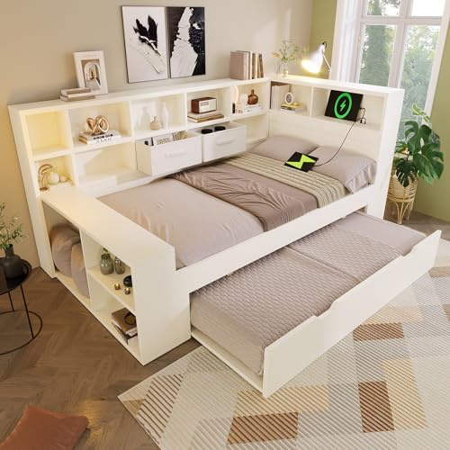 Kebnor Cama individual en color blanco, cama de madera con cama nido, estantes en tres lados y puertos de carga USB/tipo C – Cama juvenil que ahorra espacio con mucho espacio de almacenamiento, sin