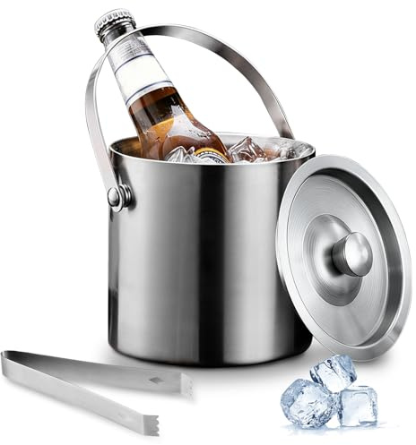 Secchiello per il ghiaccio a doppia parete isolato in acciaio inox da 1,6 l con coperchio e pinze per il ghiaccio, mantiene il ghiaccio congelato più a lungo, ideale per champagne, vino, birra, bar a