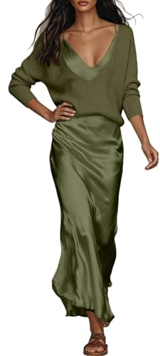 Cexiakong Ensemble 2 pièces élégant pour femme - Tenue d'été - Col en V - Pull en tricot et jupe en satin - Confortable - Doux - Respirant - Couleur unie