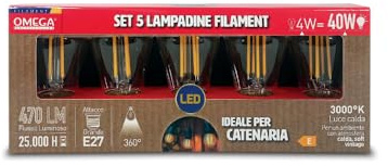 Generico Set 5 Lampadine LED S14 per Catenaria e Catena Portalampade, Attacco E27, 4W (Equivalenti 40W), 470 Lumen, Luce Calda Vintage 3000K, Lampadina in Vetro a Filamento