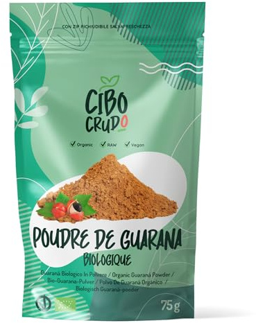 Guarana Polvere Biologica e Cruda - 75g. Contiene Guaranina. Guaranà in Polvere dal Brasile. Energizzante Naturale Contiene Vitamina B e C Antiossidanti. Per Impasti Ricette e Bevande.