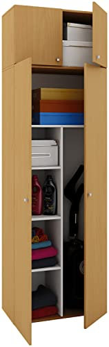 VCM Besenschrank | 6 Fächer | Maße B. 70 x H. 238 x T. 40 cm | Haushaltsschrank | Mehrzweckschrank | Aufsatz mit Zwei Türen - Vandol Buche