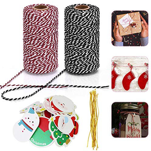 DECARETA 2 Rollen Baumwolleschnur 100 m Baumwolle Schnur Bastelschnur Geschenkverpackung Dekokordel Schnur Weihnachtsschnur mit 10 Stück Weihnachtskarten für DIY Handwerk Weihnachten Geschenkband