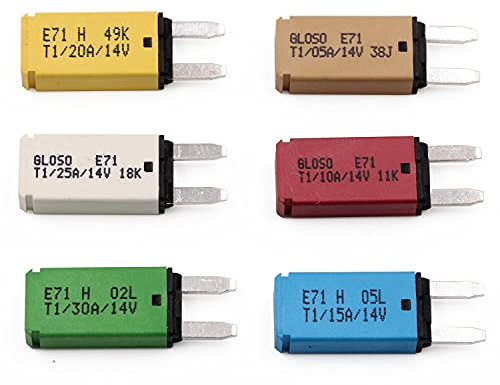 Gloaso DC 12V Auto Reset Fuse Circuit Breaker ATM Low Profile Self Resetting Mini Fuses 5A 10A 15A 20A 25A 30A - UL Certified - Type I, Resettable for Car, Vehicle, Truck, Moto, Marine, 6 Pack