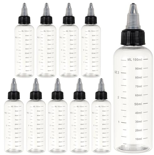 BENECREAT 10PCS 100ml Transparente Plastik Quetschflaschen Mit Schuppen Und Schwarzer Twist Kappe Graduierte Quetschflaschen Für Tintenflüssigkeit, Öle, Gele, Leim