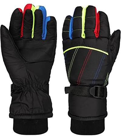 Kids Ski Mittens Waterproof Snow Gloves Child Winter Thermal Mittens Warm Fleece Lined Gloves Outdoor Skiing Snowboarding Girls Boys Age 6-10 Years Old