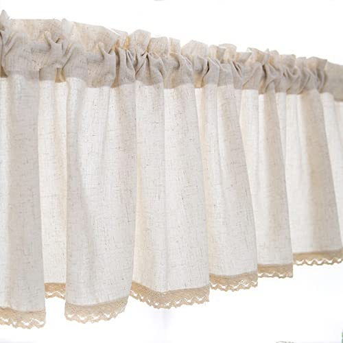 A.Monamour Tenda Corta Per Piccole Finestre Beige in Lino Cotone Con Pizzo Uncinetto - Mantovana Opaca Mezza Tenda Per Cucina, Bistrot, Caffè, Porta, Camera Da Letto, Finestra A Vetro