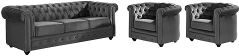 Vente-unique - Canapé 3 Places et 2 fauteuils Chesterfield - Velours Anthracite
