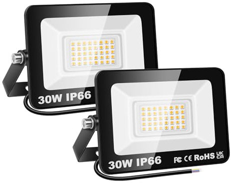 PICAA Projecteur LED Exterieur,2PCS 30W Projecteur Exterieur,IP66 Etanche 3000LM Spot LED Extérieur Puissant, Lumières d'inondation.pour jardin, Garage,Patio,Grange,Cour (3500K Blanc Chaud, 30W)