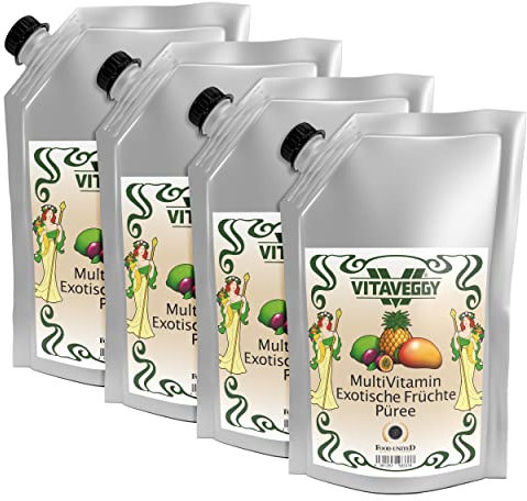 VITAVEGGY Frucht-Püree MultiVitamin Exotische-Tropische-Früchte 4x 1kg mit Ananas Mango Passionsfrucht Maracuja Limette für Obstbrei Fruchtmus Babybrei Obstmus Smoothie Sorbet Müsli (4)