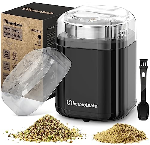 Hermolante Herb Grinder Spice Grinder, 200 w Herb Grinder with Stainless Steel Blade and Cleaning Brush, Compact Size Electric Grinder for Herbs and Spices -5.11in (Black)