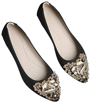 Women's Ballet Flats Bridal Diamante Wedding Ladies Sparkly Slip ON Bridesmaid Shoes Ballerina Shoes Comfort Slip on Walking Flat Shoes UK 6#1_Black