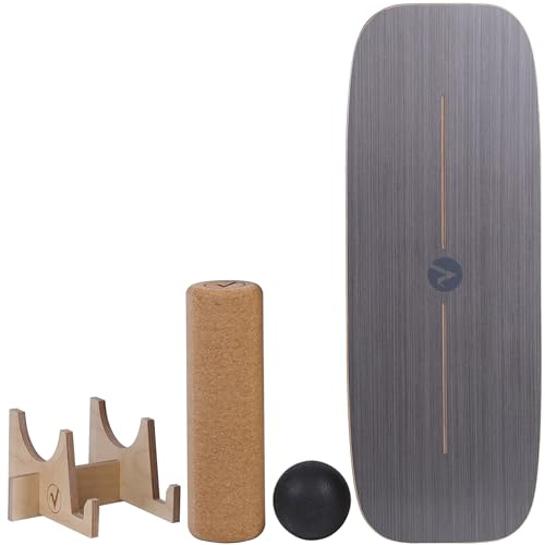 valuents Balance Board av trä i surfboard form – böjd – inkl. rulle för neuromuscular response träning +plus: hållare och boll