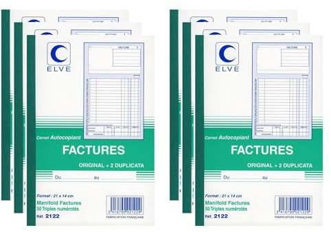ELVE Lot de 6 Manifolds FACTURES 210 x 140 mm 50 feuillets Tripli
