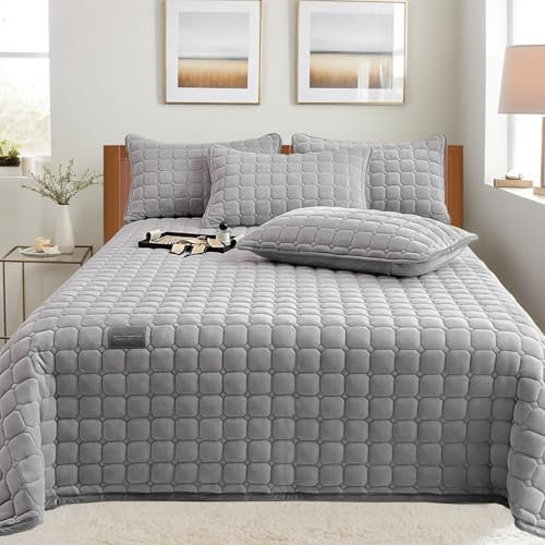 Extra Große Bettdecke Bettwurf: Milch Samt Quilt Style Vielseitige Decke 3-Teilige Tagesdecke 230 X 250 Cm mit 2 Kissenbezügen 50 X 70 Cm Pflegeleicht, für Schlafzimmer Oder Wohnzimmer (Hellgrau)