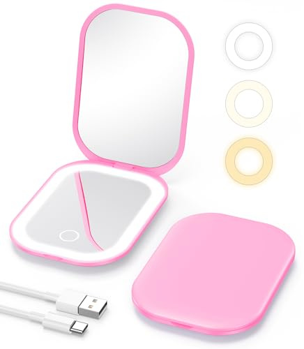 Gospire Specchio da trucco da viaggio illuminato con ingrandimento 3X e luce regolabile a tre colori, piccolo specchio ricaricabile per borsa - rosa intenso