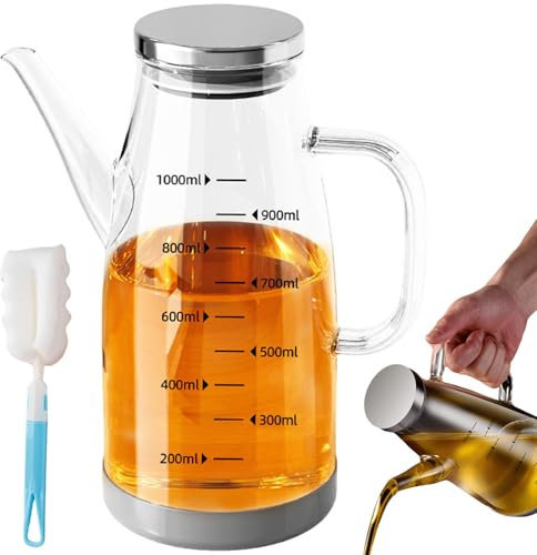 Botella de aceite: botella de aceite de oliva de 750 ml, botella de aceite de vidrio con mango antideslizante, dispensador de aceite con base de silicona antideslizante, botella de aceite de oliva