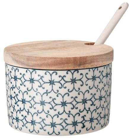 Nordring Sugar Bowl Kristina with Bamboo Lid and Spoon, 9 Oz Jar for Salt, jam, Mustard, Blue, Stoneware, Handmade Stamp Decor