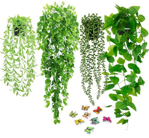 BELICOO Artificial Hanging Plant, 4 Pack Fake Plants with Pots, Hanging Artificial Plants Indoor, Fake Ivy Faux Plant for Indoors Outdoor Room Office Patio Wall Decor (Tea Leaves)