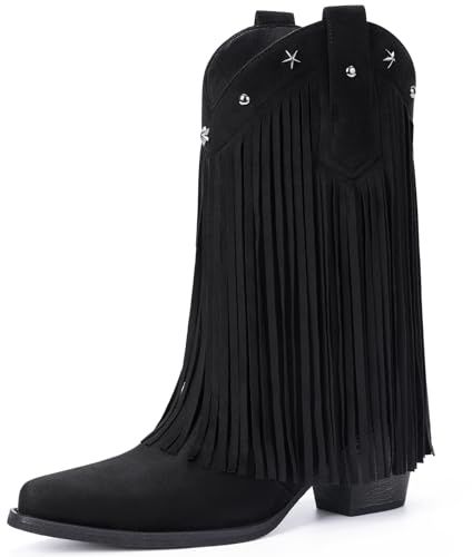 Bybmorto Black Suede Cowboy Boots for Women - Fringe Cowgirl Boots with Star Studded, Cowboy Booties Women Pointed Toe Chunky Heel, Fashion Ladies Western Booties for Country Music Festival Size 8.5