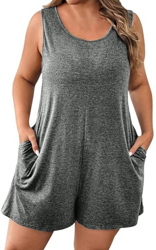 TURWXGSO Summer Rompers for Women UK Plus Size Sleeveless Jumpsuit Soft Stretchy Vest Romper with Pockets Casual Loose Adjustable Strappy Short Overalls Jumpsuits Solid Color Size XL-5XL