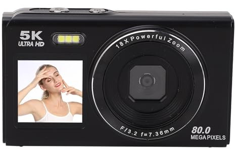 Annadue Camera Digitale da 5K 80MP con Doppio Schermo, WiFi, Autofocus Zoom 18x e Flash per Viaggi, e Webcam (BLACK)
