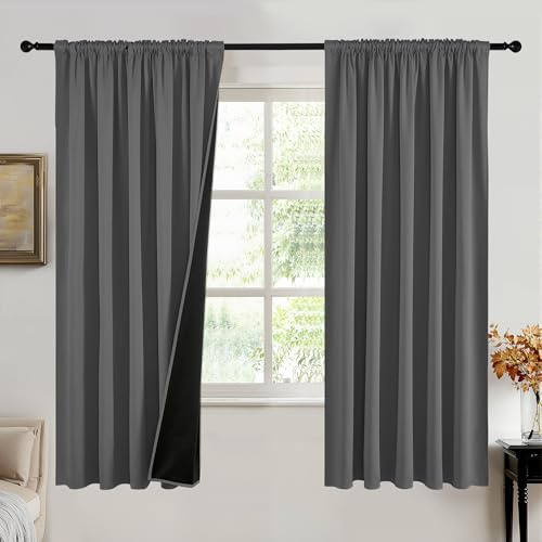 PONY DANCE 100% Blackout Thermal Insulated Curtains, 66x72 Inch, Grey | Pencil Pleat Rod Pocket Curtains for Bedroom and Living Room, 2 Panels, Noise Reduction, Light Blocking & Privacy Drapes