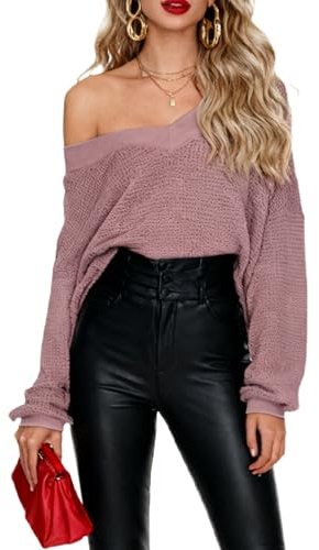Pull à manches longues pour femme - Col en V - Pull en tricot sexy - Couleur unie - Manches bouffantes - Manches bouffantes - Chemise en maille gaufrée, vieux rose, XL