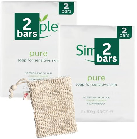 Simple Pure Soap 2 x Twin Packs Each Pack 2 x100g, Pure & Gentle for sensitive - Natural Cleansing for Soft and Healthy Skin, Total (4-Bars) bundled with Soap Bag