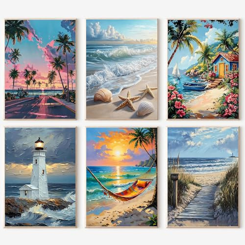 6Packs Beach Paint by Numbers Kit for Adults,Beach Adult Paint by Number Kits on Canvas, DIY Acrylic Oil Painting by Number Kits for Adults 9.8x13.8inch