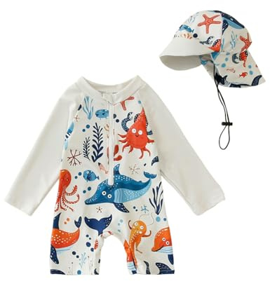 Costume da Bagno per Neonato, Anti-UV, Tuta da Nuoto a Maniche Lunghe e Cappello Bagno Set UPF 5+ Protettivo in Neoprene Solare Muta Surf Swimsuit Spiaggia Mare Piscina, Spiaggia, Immersioni