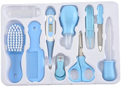10-delad baby groomingkit, baby nagelkit – dagliga vårdsverktyg för nyfödda med nagelklippare, näsaspirator, kam och termometer, blå