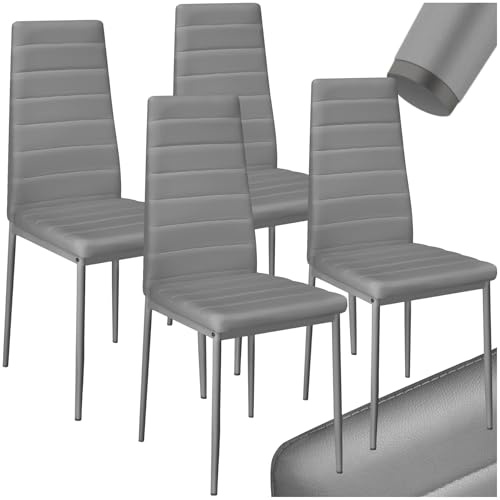 tectake® sillas de Comedor Acolchadas, Funda de Cuero sintético, Respaldo Alto, Patas de Acero, Montaje Sencillo, sillas Comedor Modernas, Muebles Salon Modernos, Silla nordica - 4 Sillas Gris