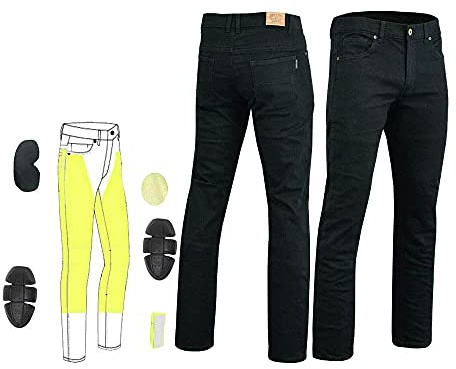 Mens Black Stretch Comfort Fit Kevlar Lined Motorcycle Jeans with Removable CE Armour