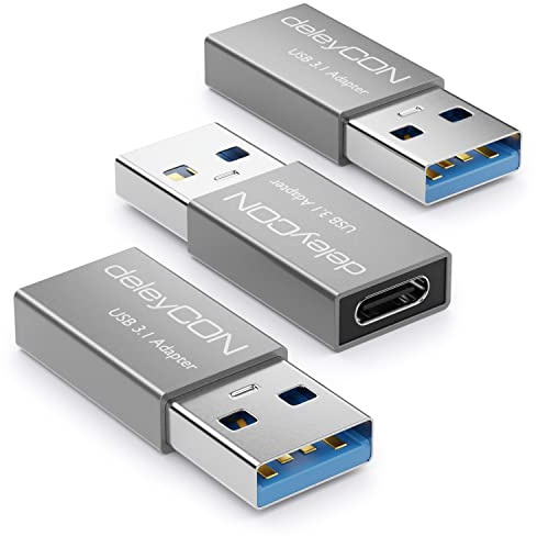 deleyCON USB C Adapter 3.0 (3 Stück) 5Gbit/s C auf A, für Ladekabel Datenkabel Ladegerät Powerbank, für iPhone 17 16 15, iPad, AirPods, Watch, Galaxy S26/S25/S24, PC, Tablet, Notebook - Silber