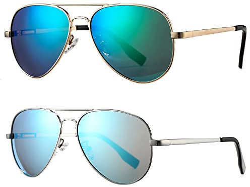 HJSTES Polarized Kids Aviator Sunglasses for Girls Boys Classic Juniors Glasses UV400 Protection Lens,52mm(Gold/Green Mirror + Silve/Blue Mirror)
