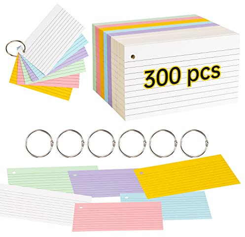 300 Stück Karteikarten,Bunte Papier Memory Karten Blanko Visitenkarten Papier Blanko Lernkarten Spielkarte Wortkarte Vokabelkarte karteikarten Flashcards mit 6 Binderingen für Büro Haus schulbedarf