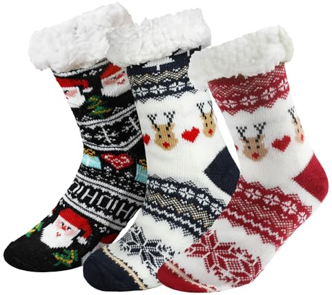 DERAYEE 3 pares de calcetines de peluche para hombre y mujer, calcetines cálidos antideslizantes, calcetines navideños para casa, calcetines mullidos, azul, 38 EU
