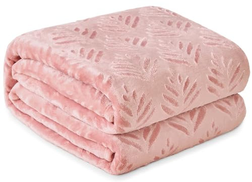 Exclusivo Mezcla Double Size Fleece Blanket for Bed, Super Soft and Warm for All Seasons, Plush Fuzzy Leaves Pattern Blanket, Pink, 150x200 CM