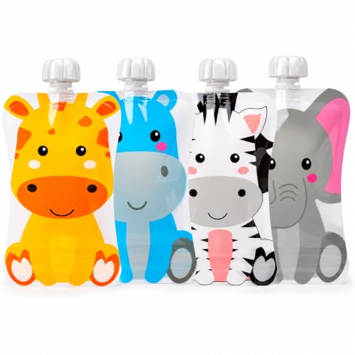 HOMYBABY® Bolsas reutilizables comida bebe [4 unidades] - Bolsas de fruta reutilizables para alimentacion complementaria bebe - Recipiente bebe comida de divertidos animales