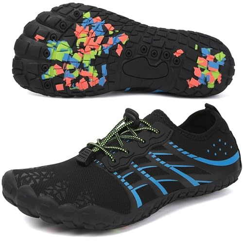 Unisex Zapatos Descalzos Hombre Mujer Zapatos de Agua Hombres Mujeres Barefoot Zapatillas Outdoor Secado Rápido Surf Calzado para Yoga Playa Transpirable Ligero y Antideslizante(Negro-Azul 44EU)