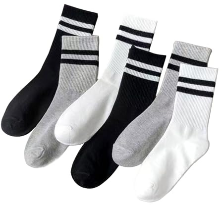 SSKHE 6 pares calcetines transpirables, rayados, atléticos, casuales, forro de algodón, Reino Unido 9-11, Negro, Blanco, Gris