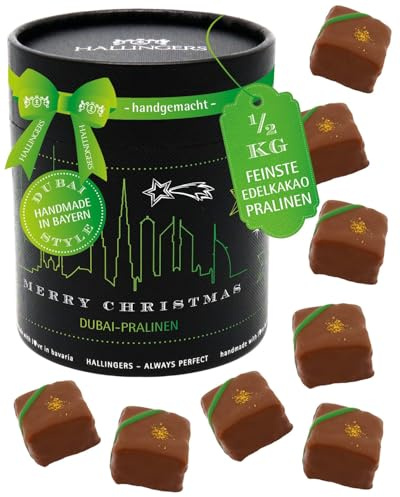 Hallingers Genuss Manufaktur Pralinen Geschenk Weihnachten – Dubai-Style ohne Alkohol, handgemacht aus Premium Edelkakao, edle Geschenkdose Merry Christmas Dubai XXL, Geschenkidee Frauen, Weihnacht