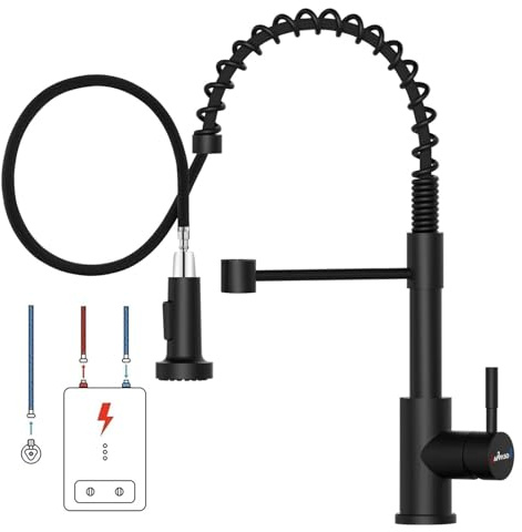 APPASO Grifo de cocina de baja presión, color negro, giratorio 360°, grifo para cocina con ducha, extensible, 2 modos, grifo de cocina de primavera con 3 conexiones (conexión fría, agua caliente y